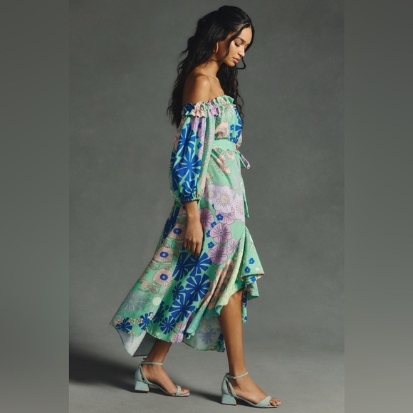 Anthropologie Floral Off-Shoulder Maxi Dress - Blue and Green - Picture 2 of 10